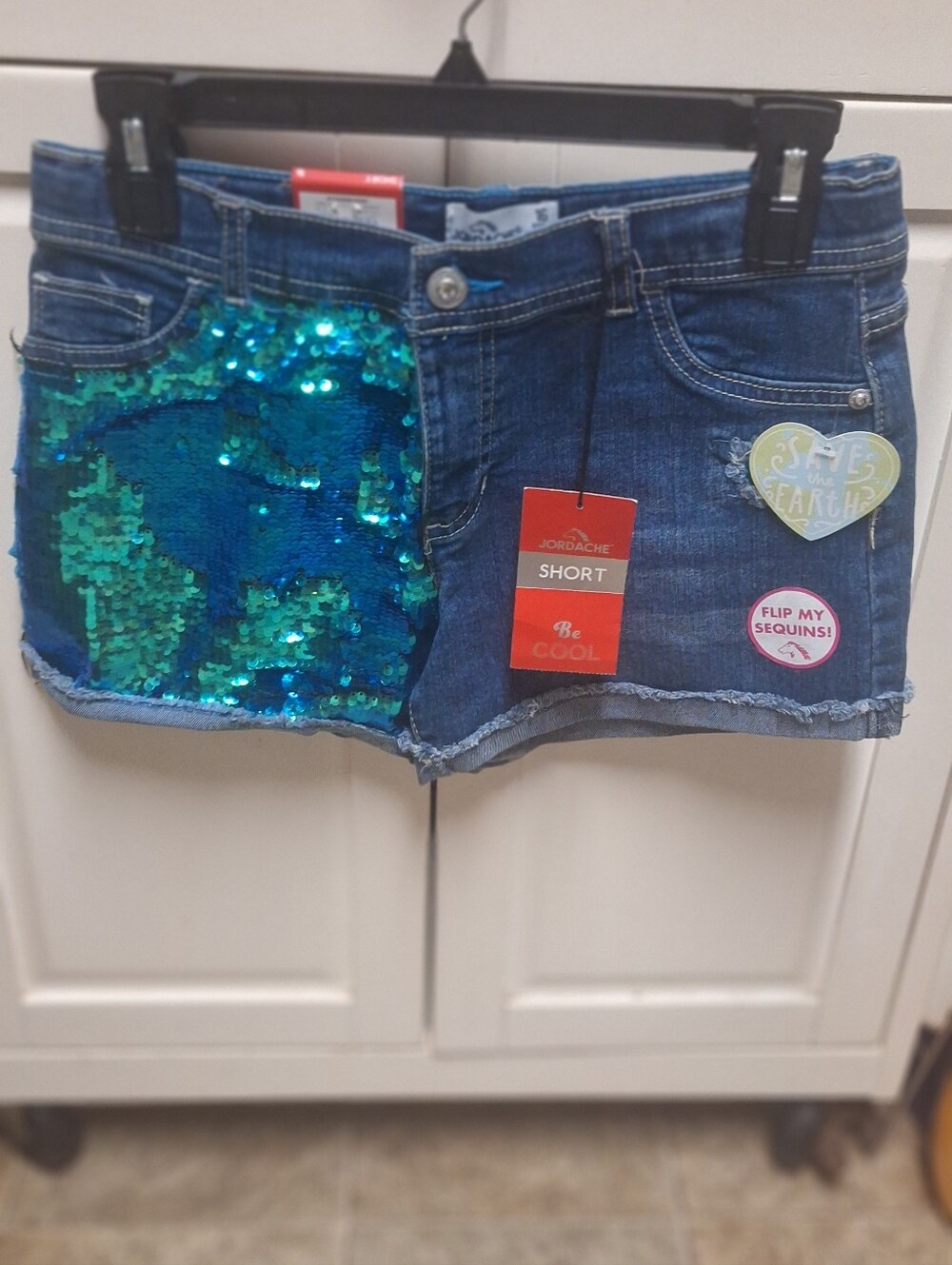 Jordache Denim Shorts with Teal Flip Sequins Size 16 Big Girls